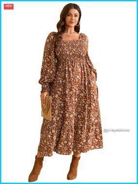 Women's Plus Size Smocked Boho Floral Maxi Dress Long Sleeve